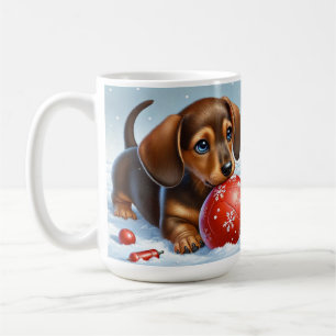 Schattige teckel puppy spelen met rode bal koffiemok