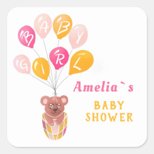 Schattige Teddy Bear Balloon Baby Meisje Baby show Vierkante Sticker
