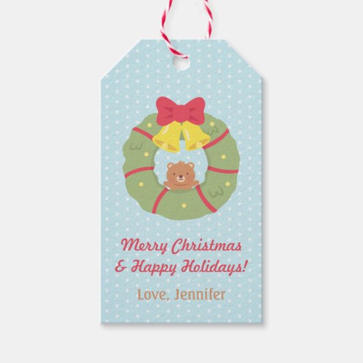 Schattige Teddy Bear Christmas Wreath Gift Label Cadeaulabel (Voorkant)