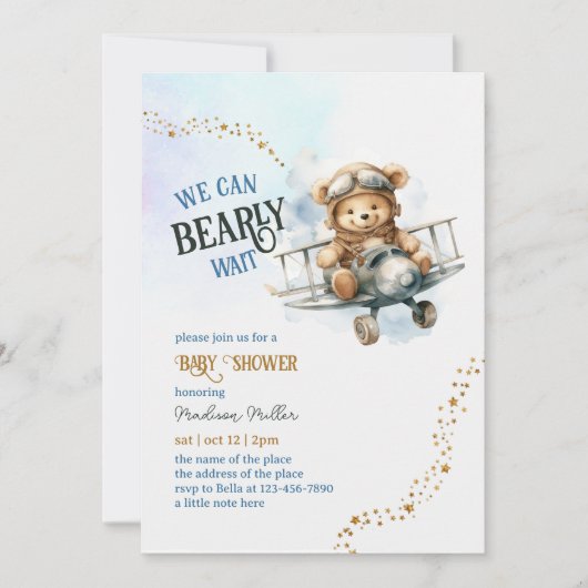 Schattige Teddy Bear Vliegtuig Baby Jongensdouche Kaart (Voorkant)