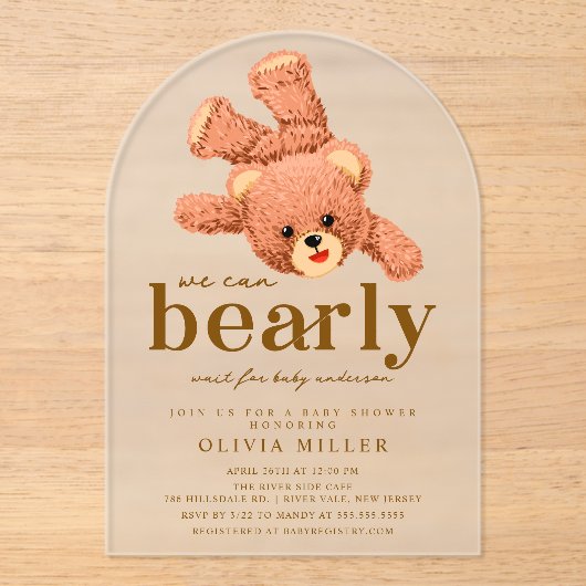 Schattige teddybeer Baby shower uitnodiging Acryl Uitnodigingen (Voorkant)