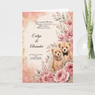 Schattige teddybeer bruid en bruidegom roze bloeme kaart