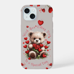 Schattige teddybeer harten rode rozen Valentijnsda iPhone 15 Hoesje