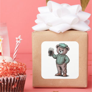 Schattige teddybeer met bier vierkante sticker
