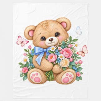 Schattige teddybeer met bloemen in waterverf Clipa Fleece Deken