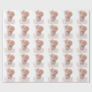 Schattige teddybeer met boeket rozentakjes in blus cadeaupapier
