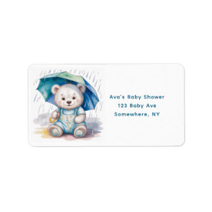 Schattige teddybeer met paraplu jongens babyshower etiket
