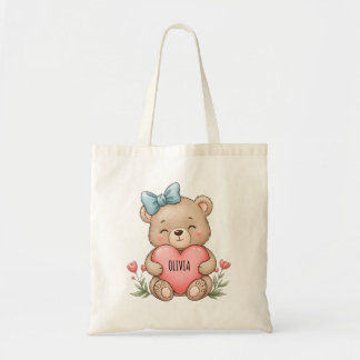 Schattige teddybeer met roze hart tote bag