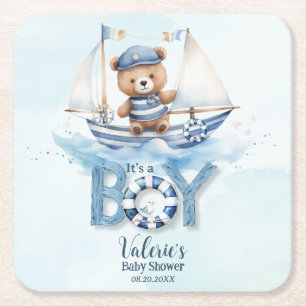 Schattige Teddybeer Nautische Boat Boy Baby shower Vierkante Kartonnen Onderzetter
