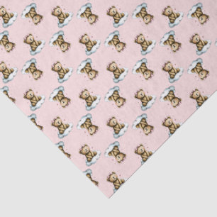 Schattige teddybeer op een roze haarlint in de wol tissuepapier