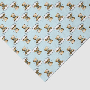 Schattige teddybeer op een wolk blauwe vlinderdas tissuepapier