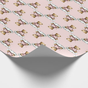 Schattige teddybeer op wolkje in roze pyjama cadeaupapier