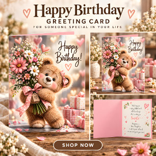 Schattige teddybeer roze bloem verjaardag kaart