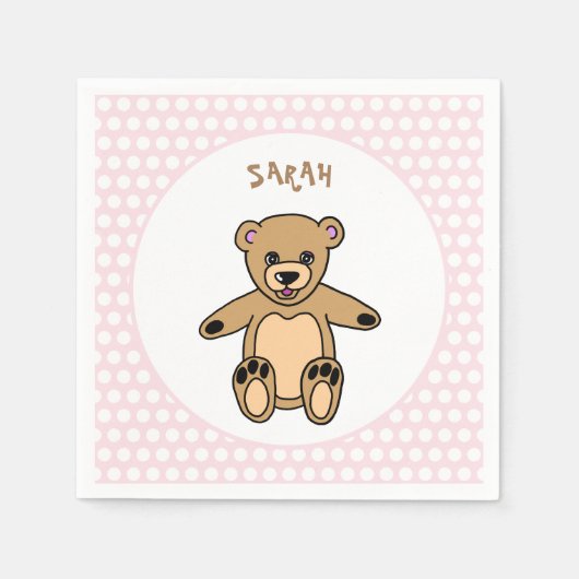 Schattige Teddybeer Roze Kinder naam Verjaardagsfe Servet (Voorkant)
