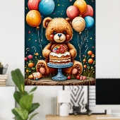 Schattige Teddybeer verjaardagsfeest met taart Poster (Thuiskantoor)