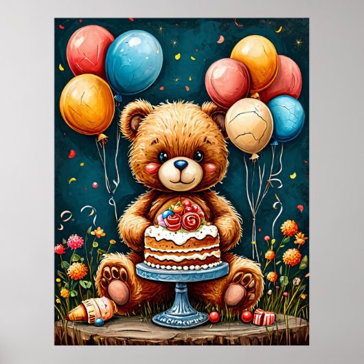 Schattige Teddybeer verjaardagsfeest met taart Poster (Voorkant)