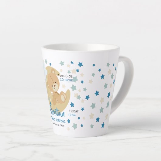 Schattige teeddy Bear Baby Birth Stats Latte Mok (Rechterhoek)