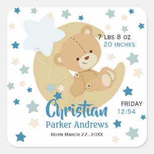 Schattige teeddy Bear Baby Birth Stats Vierkante Sticker
