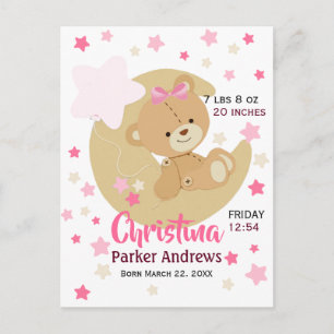 Schattige teeddy Bear Baby Girl Birth Stats Briefkaart