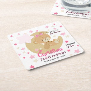 Schattige teeddy Bear Baby Girl Birth Stats Vierkante Kartonnen Onderzetter