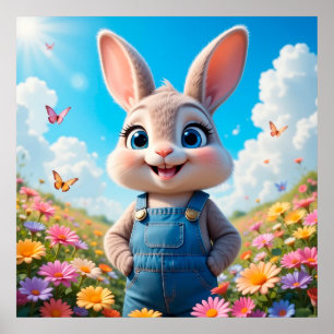 Schattige tekenfilmkonijn glimlacht in de tuin poster
