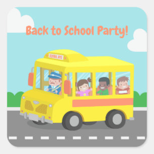 Schattige terug naar school gele bus kinderfeestje vierkante sticker
