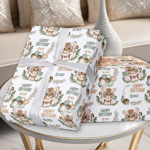 Schattige Tiger Cub Wild One Boy 1e Verjaardagsnaa Cadeaupapier