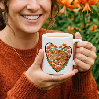 Schattige tijger met oranje lelie bloemhart koffiemok