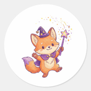 Schattige Tovenaar Vos Werpt Magische Spreuk Hallo Ronde Sticker