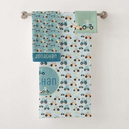 Schattige trekkerpatroon blauw naam voertuig badha bad handdoek (Insitu)