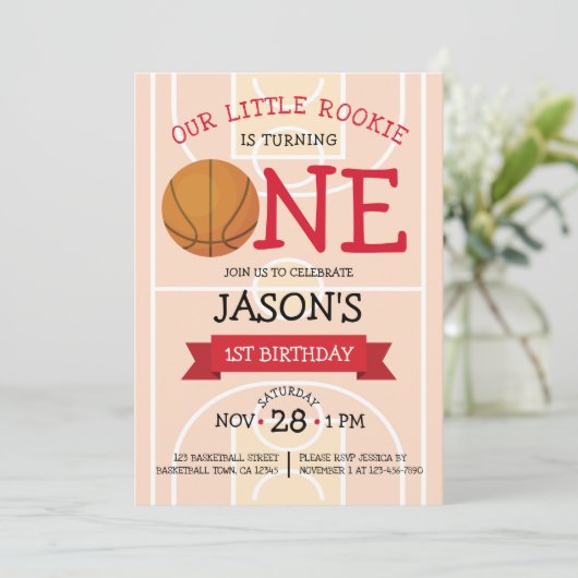 Schattige Trendy Basketbalveld & Lint 1e Verjaarda Kaart (Staand voorkant)