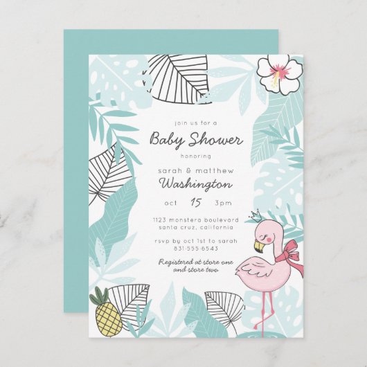 Schattige Tropisch Flamingo & Ananas Baby shower Uitnodiging Briefkaart (Voorkant / Achterkant)