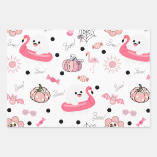 Schattige Tropische Halloween - Roze Geesten & Fla Inpakpapier Vel