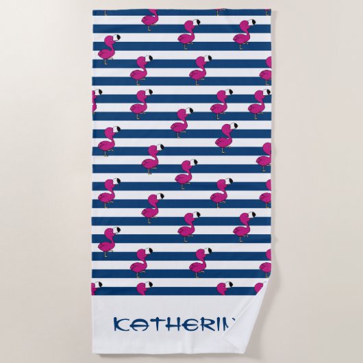 schattige tropische roze baby flamingo blauw gestr strandlaken (Voorkant)