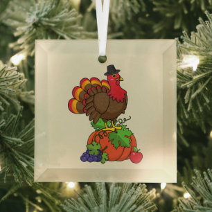 Schattige Turkije met Oogst Thanksgiving Glas Ornament