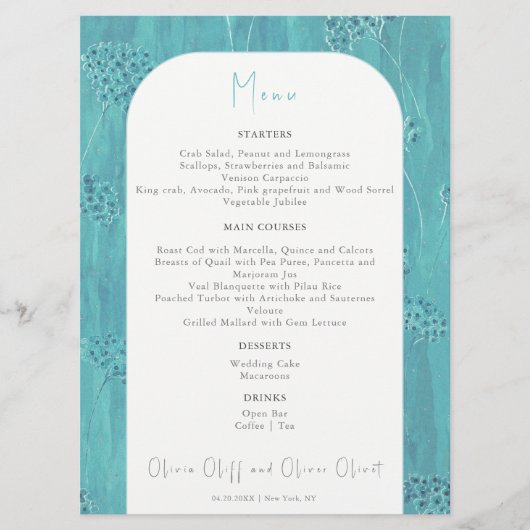 Schattige Turquoise Bloemen Bruiloft Menu (Voorkant)