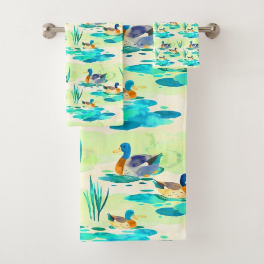 Schattige turquoise eendenpatroon bad handdoek (Insitu)