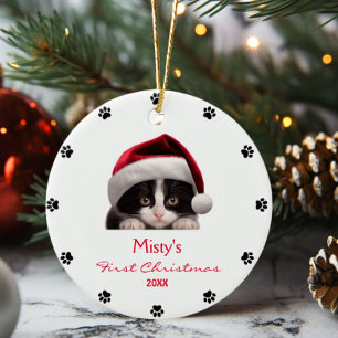 Schattige Tuxedo Cat Santa Hat Paw Print gepersona Keramisch Ornament