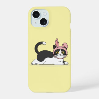 Schattige Tuxedo Kat in Roze Konijnenhoed Esthetis iPhone 15 Hoesje