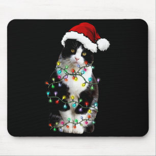 Schattige Tuxedo Zwarte Kat Kerst Licht Kat Kerstm Muismat