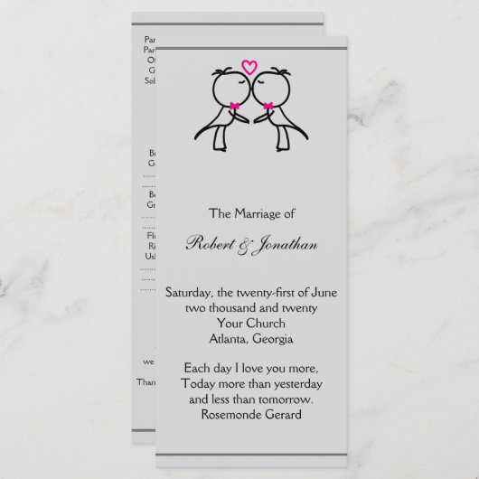 Schattige Twee Grooms Kussen Gay Trouwprogramma Programma (Voorkant / Achterkant)