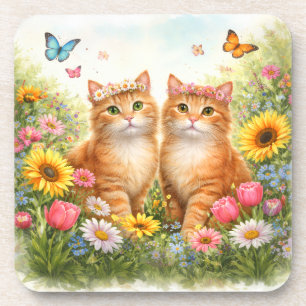 Schattige Tweeling Oranje Tabby Katten met Bloemen Bier Onderzetter