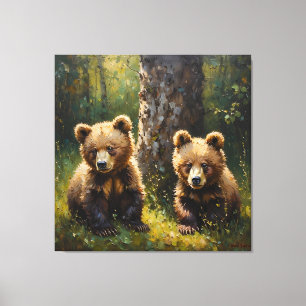 Schattige Twin Beer Cubs in een zonovergoten bos C Canvas Afdruk