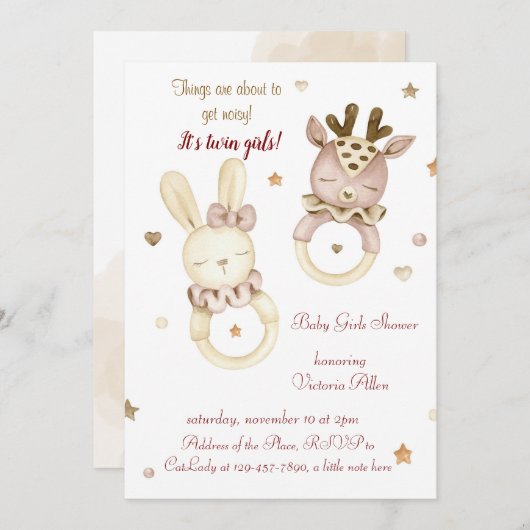 Schattige Twin Girls Baby shower Uitnodiging (Voorkant / Achterkant)
