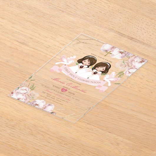 Schattige TWIN Meisje Eerste Heilige Communie Roze Acryl Uitnodigingen (Laagn)