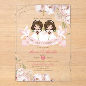 Schattige TWIN Meisje Eerste Heilige Communie Roze Acryl Uitnodigingen (Voorkant)