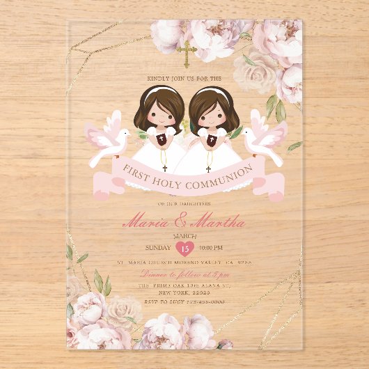 Schattige TWIN Meisje Eerste Heilige Communie Roze Acryl Uitnodigingen (Voorkant)