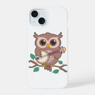 Schattige Uil Bird Spelen Banjo Cartoon iPhone 15 Hoesje