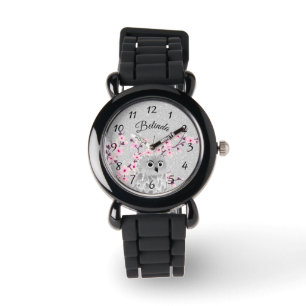 Schattige Uil Cherry Blossom Silver Glitter Monogr Horloge