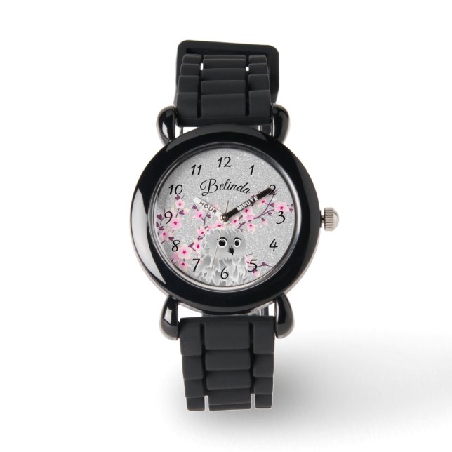 Schattige Uil Cherry Blossom Silver Glitter Monogr Horloge (Voorkant)